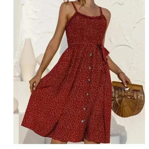 🆕Boho Trendy Floral Blooming Wine Abstract Dot Smocked A-Line Dress S🆕 - Picture 3 of 12